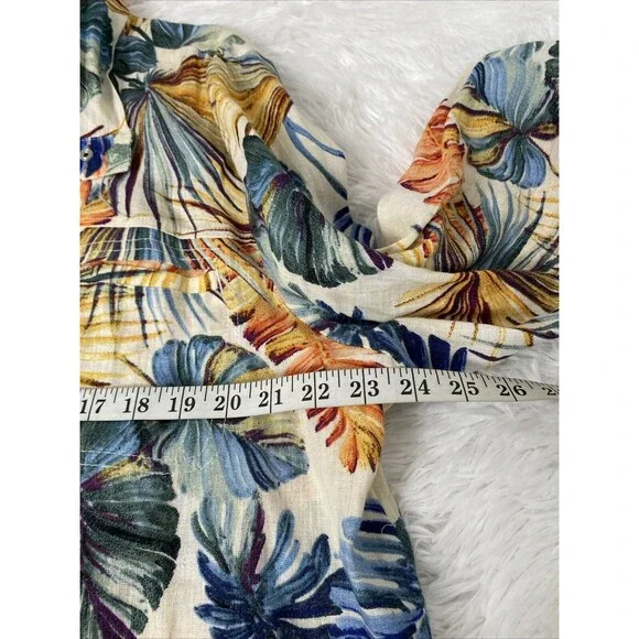 Chico’s Dress Hawaiian Floral Size 3 16/18 Linen Snap Up Pocket Drawstring Slits - Picture 8 of 16